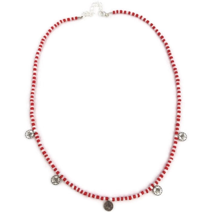 Rood Wit Kralen Ketting - Zilver