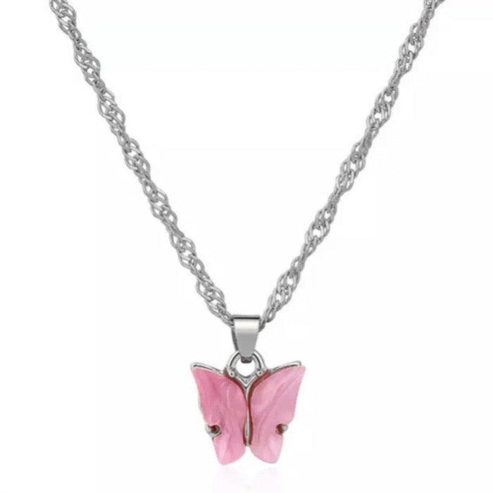 Roze Vlinder Ketting - Zilver